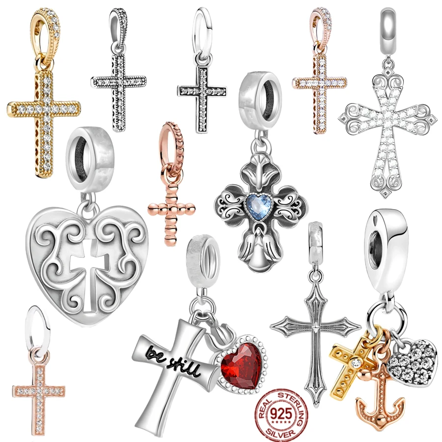 Hot 925 Sterling Silver Sparkling Cross & Heart Double Dangle Charm Beads Fit Original Pandora Bracelet Fashion Jewelry Gift