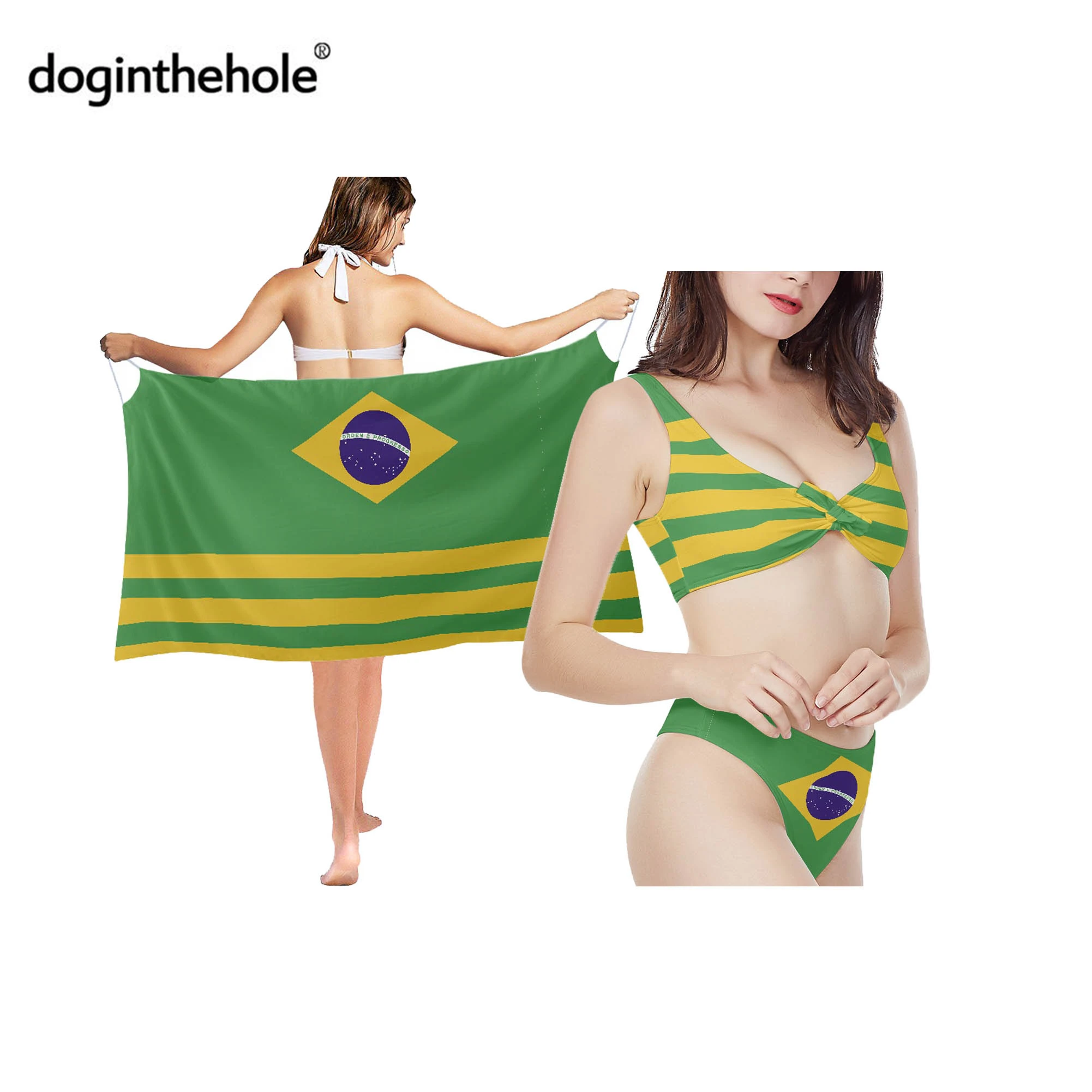 gold bikini set Doginthehole Woman Beach Bikinis and Cover Up Brazil Flag Print Sexy Summer Party Feminine Dress Tunic Beach Wear Swimming Suit swimsuit