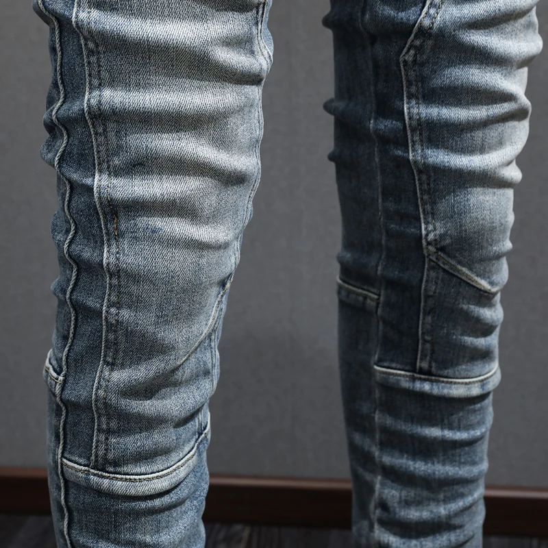 High Street Fashion Men Jeans Retro Washed Blue Elastic Slim Fit Spliced Biker Jeans Men Zipper Designer Hip Hop Pants Hombre