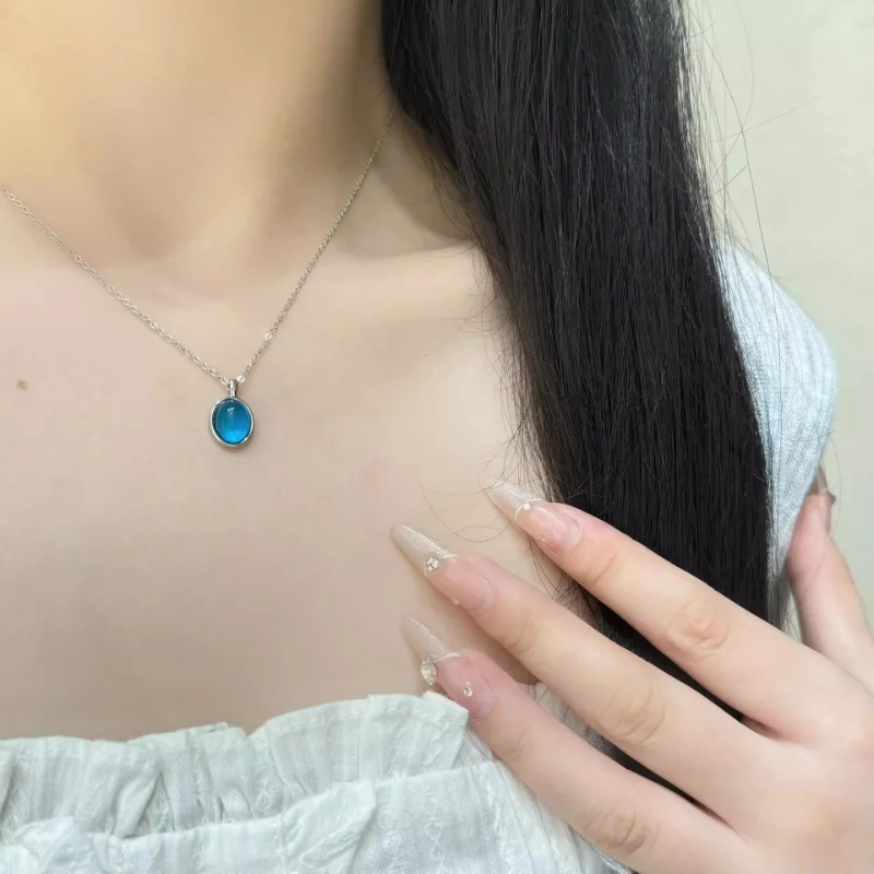 New Luxury Fashion Pink Blue Crystal Round Pendant Silver Chain Necklaces Jewelry Choker Clavicle Chain Charm Colorful Necklace