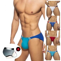 Sexy Thongs Fashion Surfing Beach Shorts Men's Swimming Trunks with Push Pad Mesh Bikini Low Waist Solid Swim Shorts Stitching 2