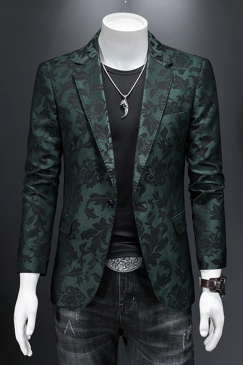 British Style Luxury Jacquard Blazers Men Clothing Business Slim Fit Casual Suit Coat Men Groom Wedding Suit Printed Blazer