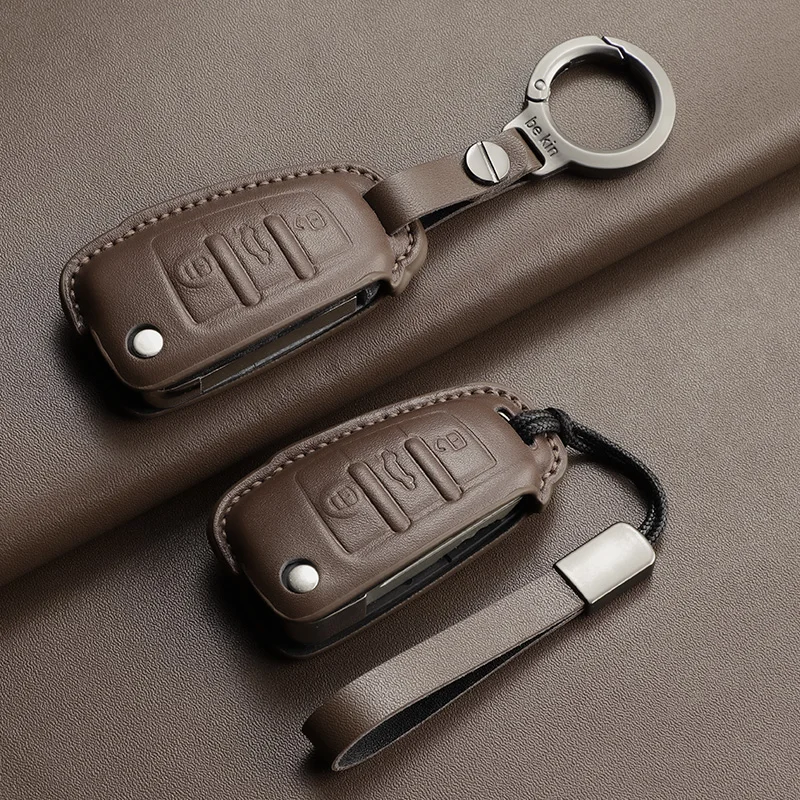 Premium Leather Car Key Case Cover with Keychain - Luxury Auto Accessories