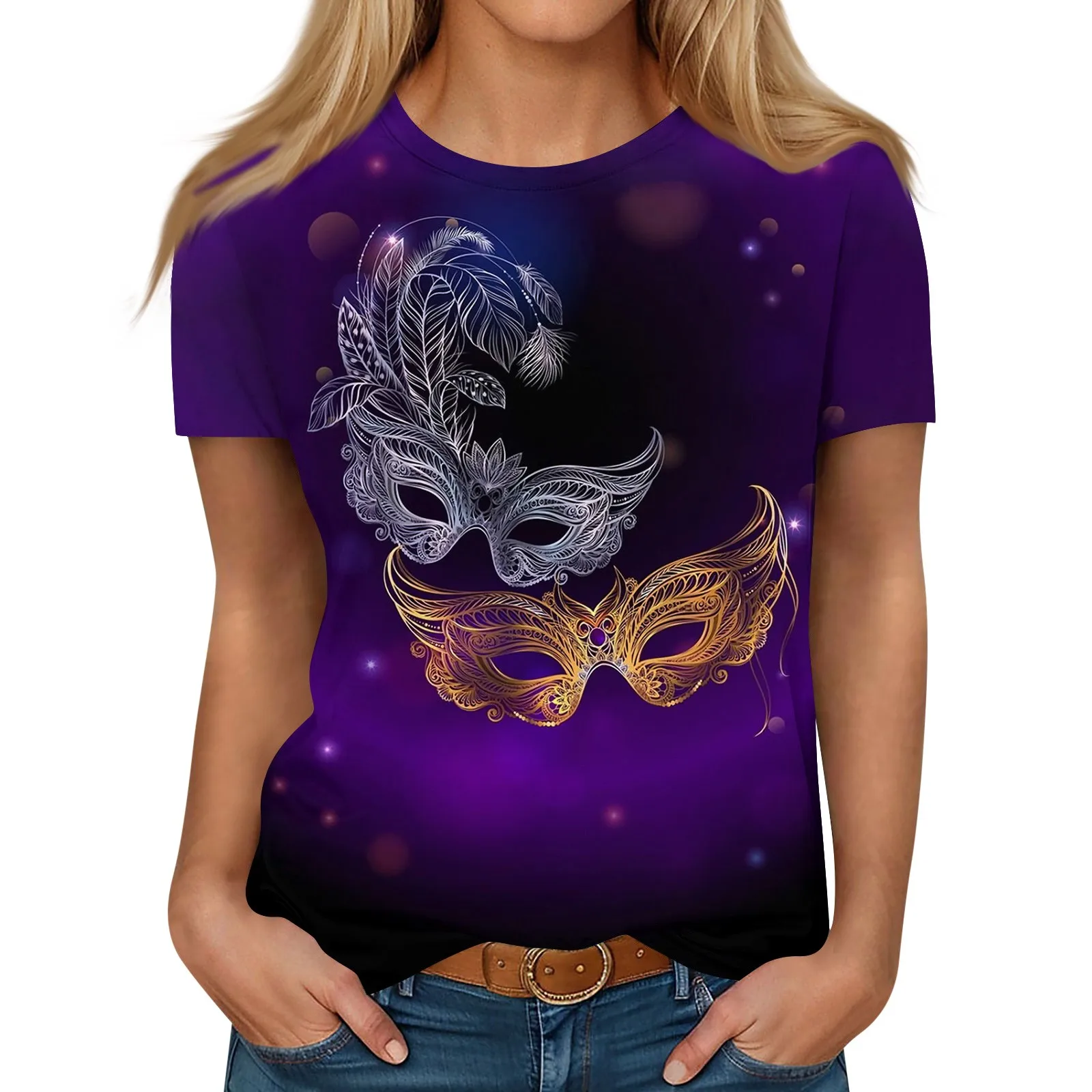 

Women'S Loose O-Neck Short Sleeve Colour Block Printed T-Shirt Ropa De Mujer Pullover Carnival Mask Printed T Shirt For Woman