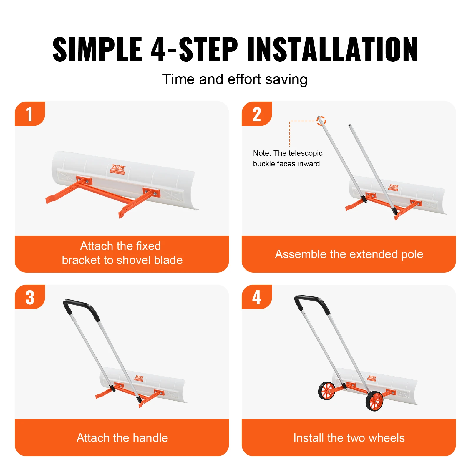 VEVOR Snow Shovel with Wheels 36in for Driveway Heavy Duty Shovel Pusher with Wide Blade and U-shaped Aluminum Alloy Handle 4