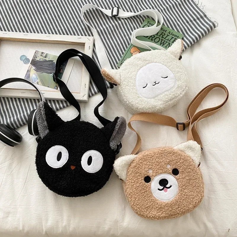 Kawaii Bag Women Girls Cartoon Kitten Bear Plush Shoulder Bags Crossbody Messenger Pack Small Phone Purse
