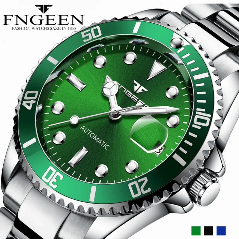 

Fngeen Blue Luminous Black water ghost Men's Automatic Mechanical watch Green Essence Steel Waterproof