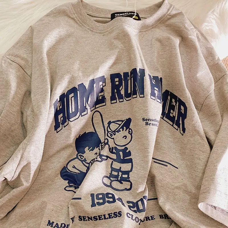 

2024 Summer Ins Korean Trend Simple Printed T-shirt Fashionable Y2K Cartoon Ladies Cute Retro Street Hip-hop Couple Tops