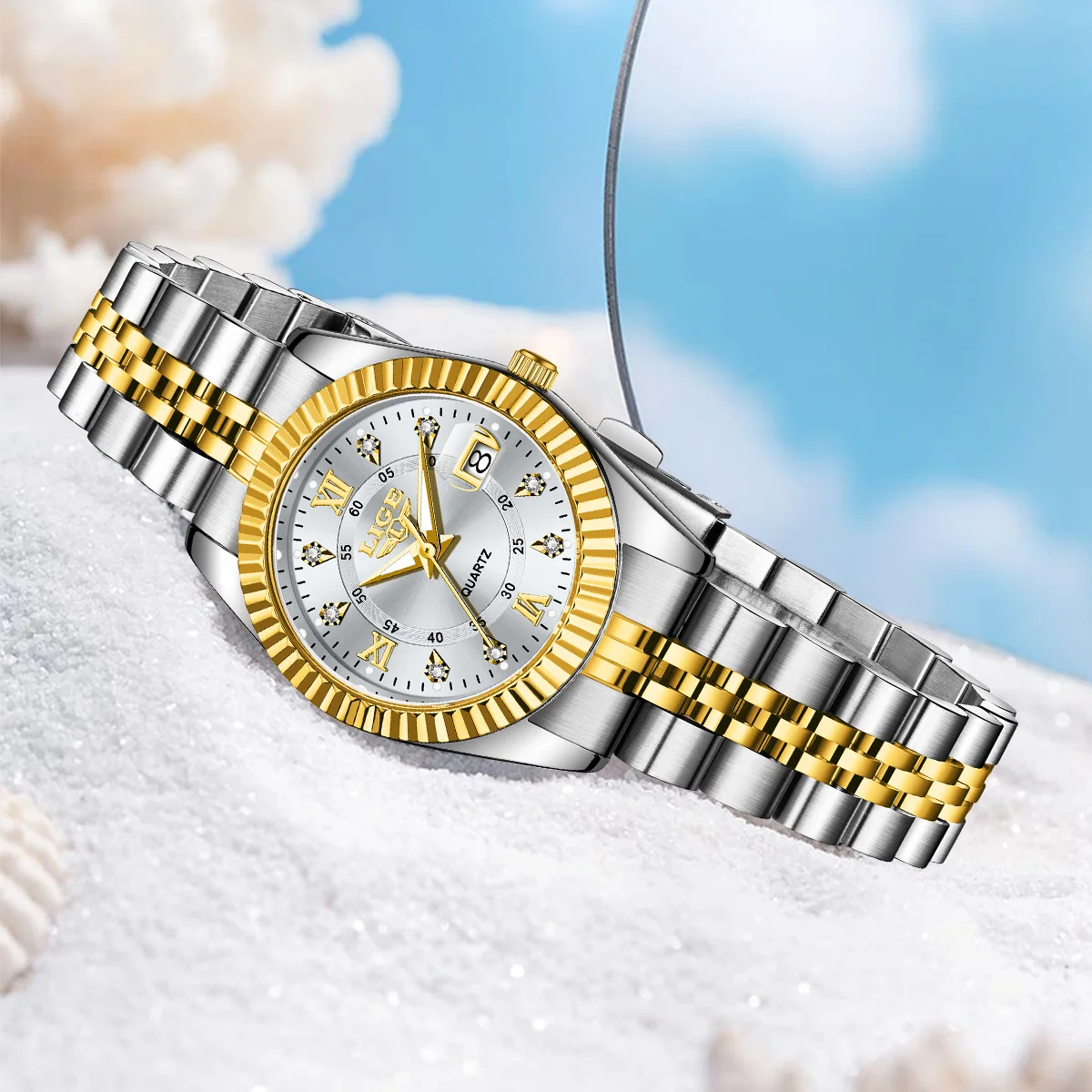 Alina Gadgets Lige Elegant Fashion Quartz Women Watch Sunflower Dial Waterproof Stainless Steel Classic Business Calendar Luxury Ladies Watch, Alina Gadgets
