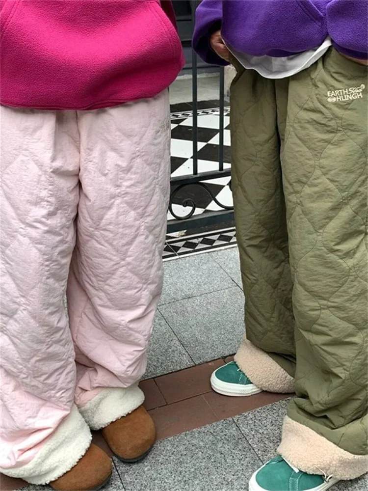QWEEK Korean Fashion Cotton-Padded Pants Women Y2K Winter Warm Wide Leg Trousers Harajuku Wide Leg Patchwork Basic Brushed Pants