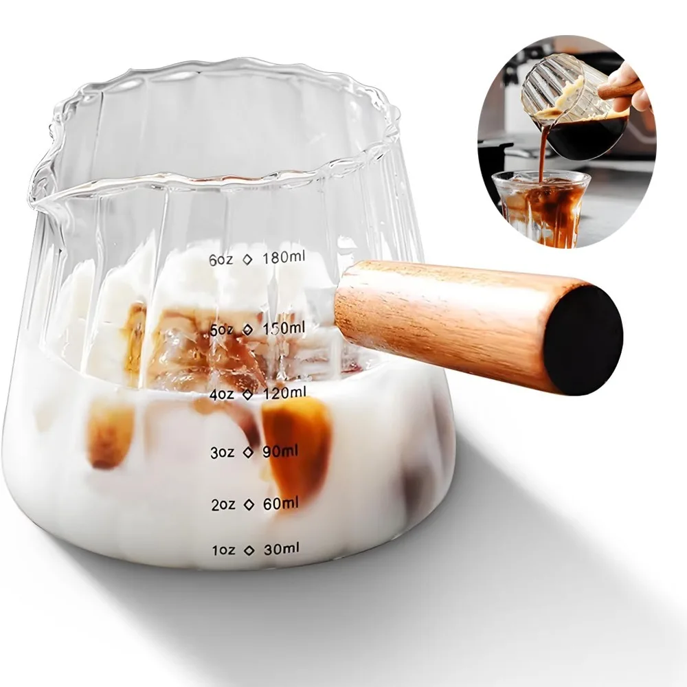 180ML/6 Oz Measuring Cup with Wooden Handle Glass Coffee Extraction Cup with Scale Dishwasher Safe High Temperature Resistant