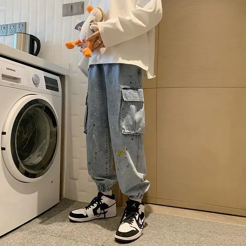 Denim Cargo Pants Men\'s Loose Paint Dot Jeans with Pockets Stretch Waist Denim Jeans for Men Baggy Jeans Goth Clothes Streetwear