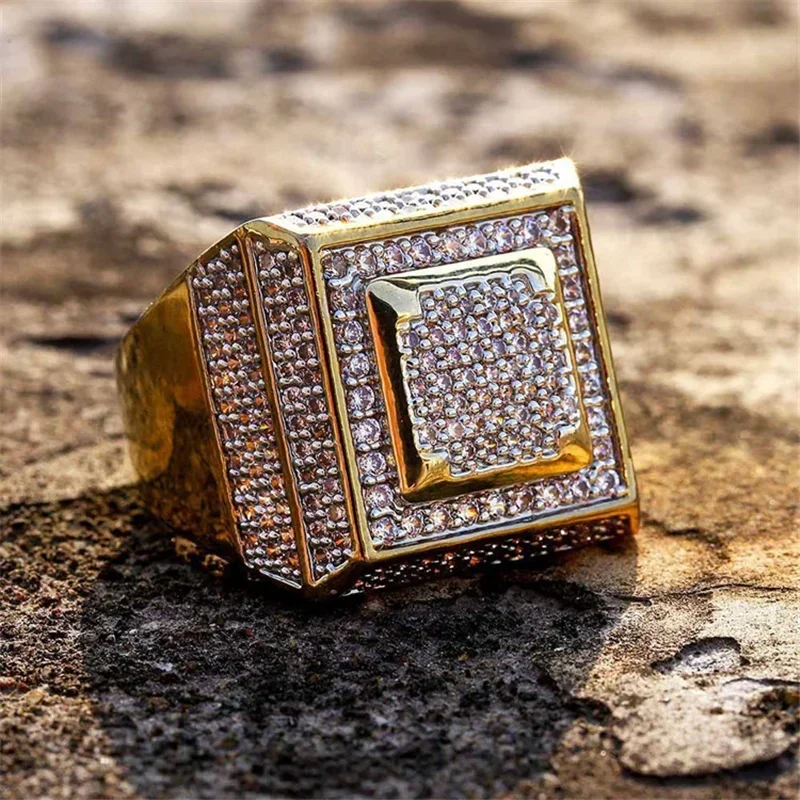 Trendy Golden Full Crystal Geometric Men's Ring Business Style Party Wedding Fashion Jewelry Male Hand Accessories wedding rings finger rings jewelry rings ring jewelry