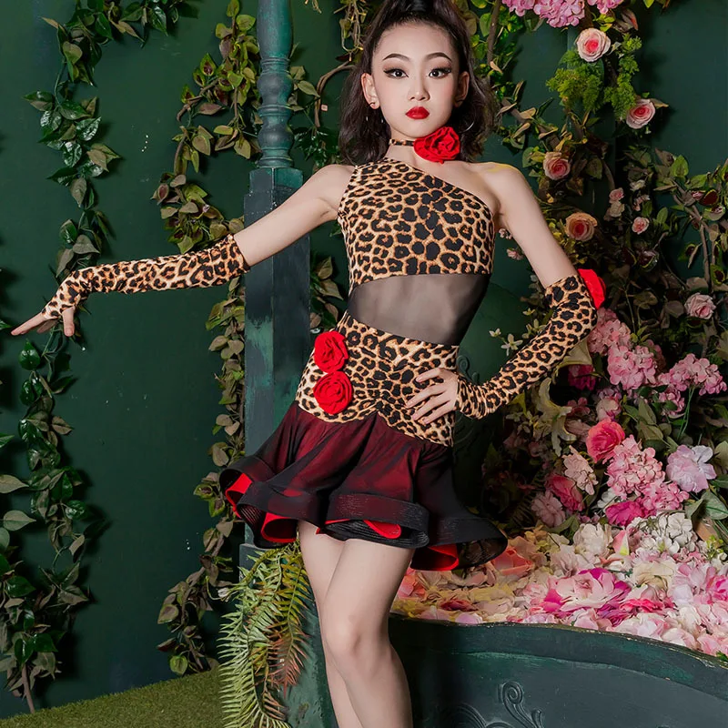 ballroom latin lace mesh leopard print top skirt dress girls american dance rumba cha cha samba tango costume competition Kids