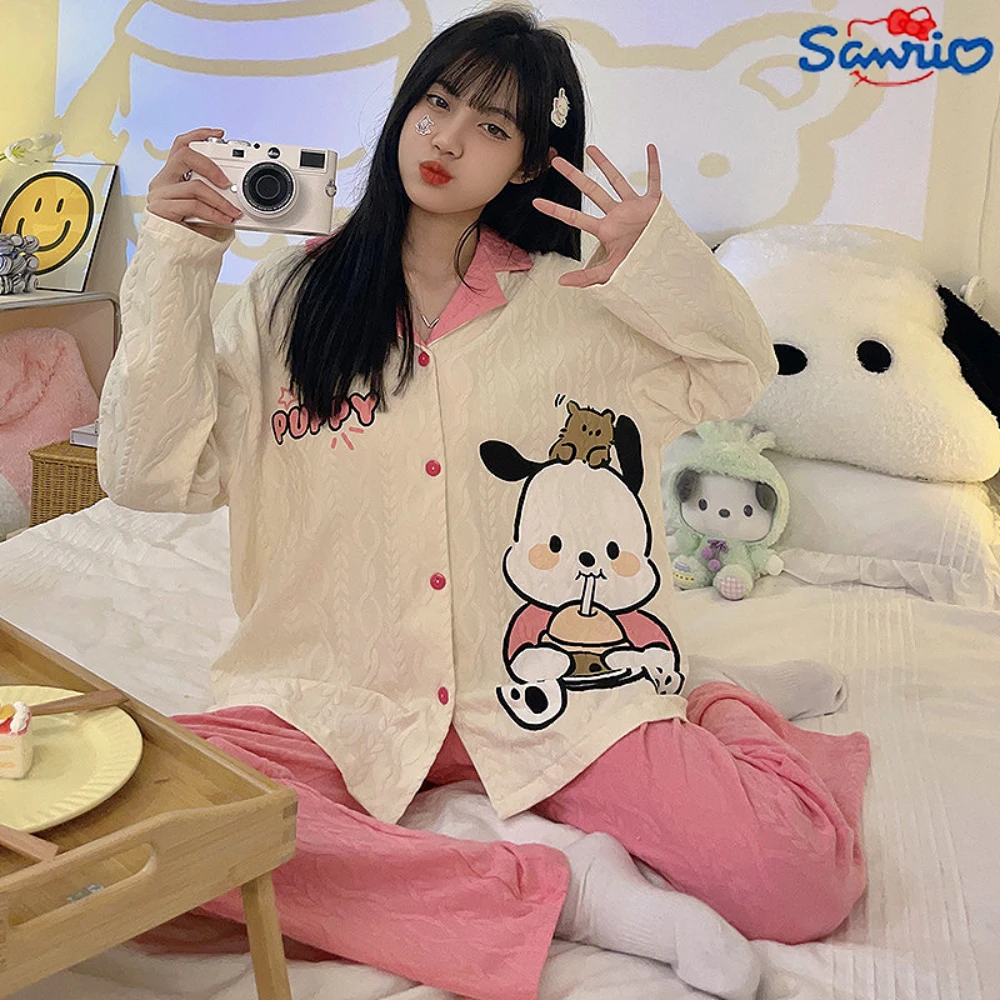 

Sanrio Pochacco Pink Cartoon Cute Pajamas Women's Autumn Long Sleeve Knitted Cotton Home Furnishing Set