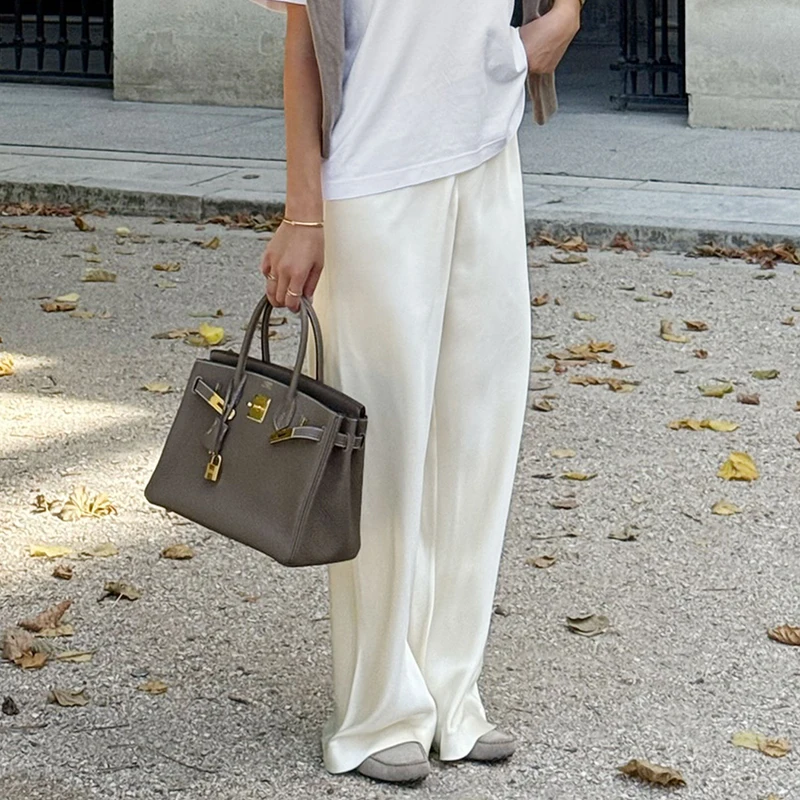 Linad Elegant Brown Satin Wide Leg Pants Women Autumn Fashion Beige High Waist Trousers Street Chic Silk Long Pants Female 2025