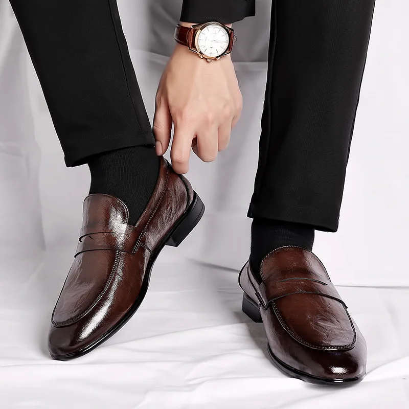 Fashion Men Slip on Dress Office Wedding Shoes Men Pointed Toe Dress Leather Shoes Luxury Italian Style Formal Party Shoes