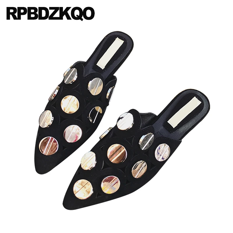 

Half Shoes Rock Chic Slides Suede Metal Punk Closed Toe Women Cutout Fashion Korean Sandals Slippers Hollow Spring Flats Mules