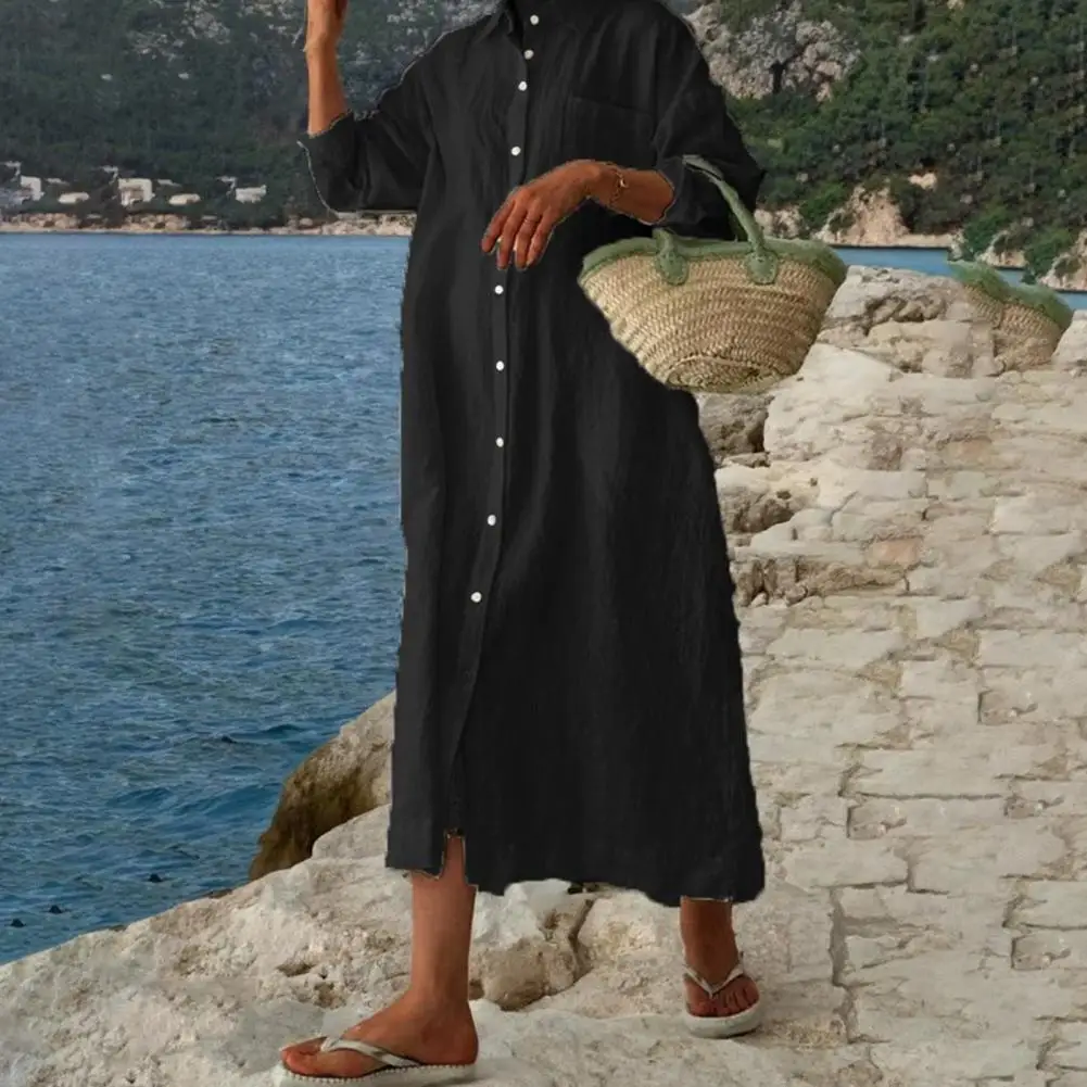 

Женское однотонное платье-рубашка с воротником на пуговицах, стильное летнее женское платье средней длины, однобортное строгое платье для поездок