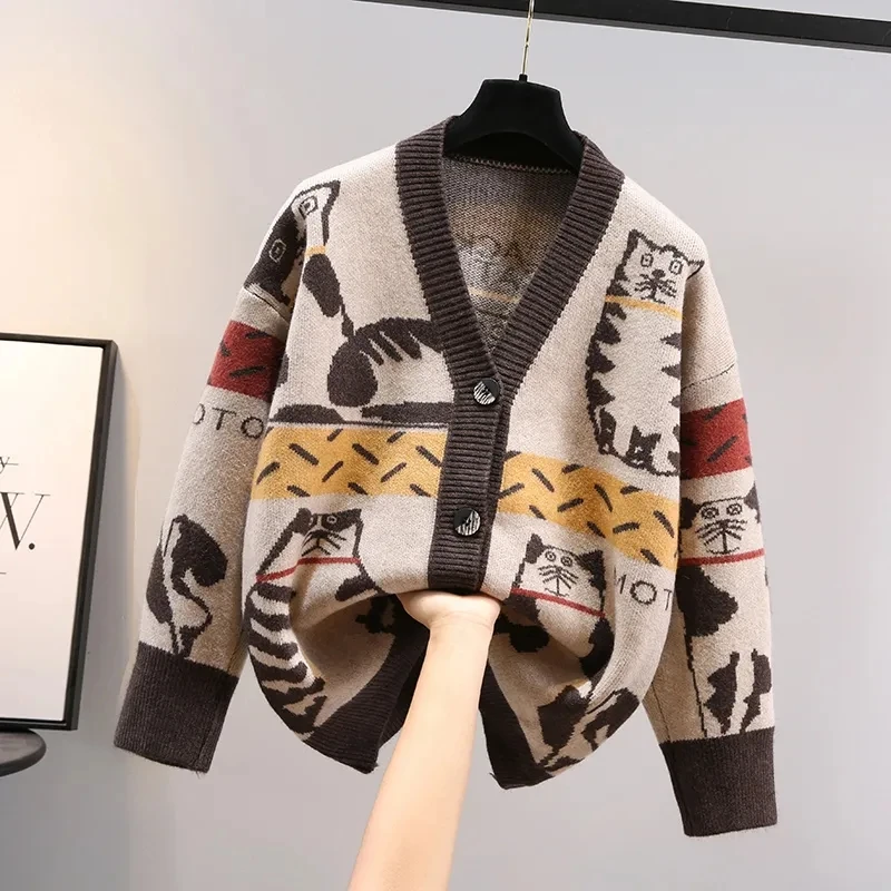 

Korean Chic Cartoon Jacquard Sweaters Spring New V-neck Long Sleeve Cat Knitted Cardigan Loose Casual Single Breasted Pull Femme