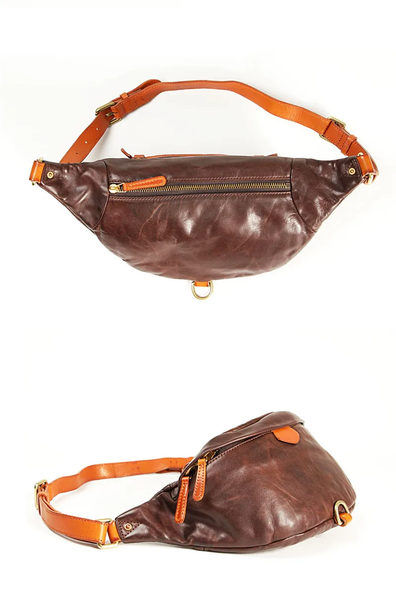 Fashion vintage genuine leather men's chest bag luxury soft natural real cowhide multifunctional waist pack sports crossbody bag
