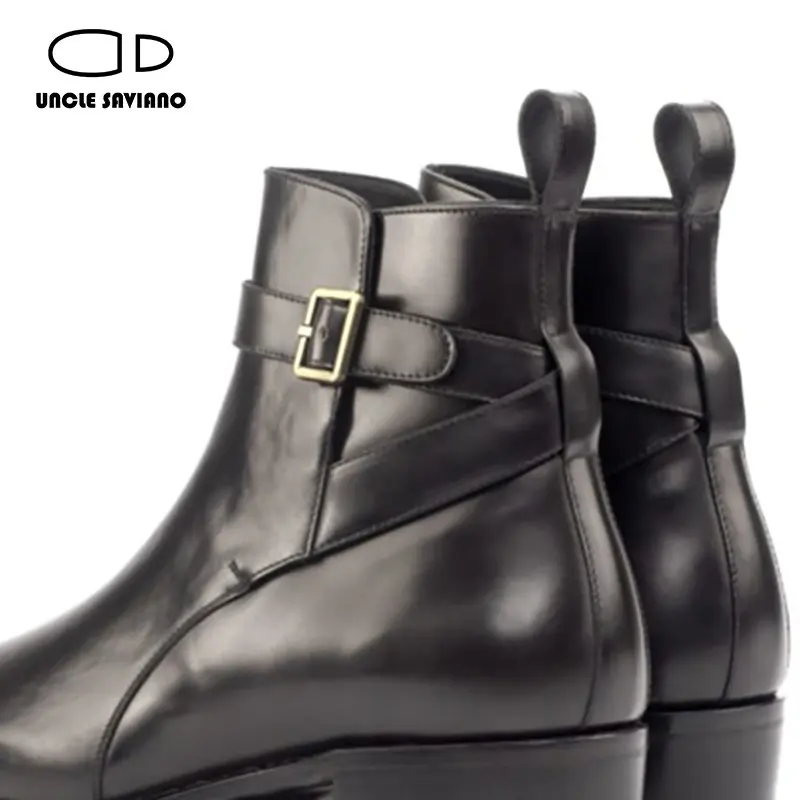 Uncle Saviano Solid Chelsea Winter Black Mens Boots Shoes Work Boots Add Velvet Fashion Designer Shoes Men Genuine Leather