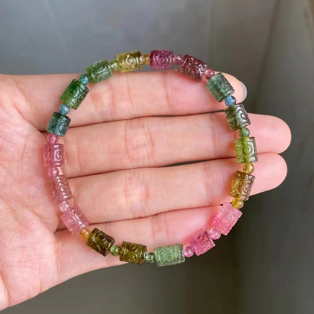 

Natural Colorful Tourmaline Carved Clear Barrel Beads Bracelet Brazil 6mm For Women Men Rainbow Red Tourmaline AAAAAAA