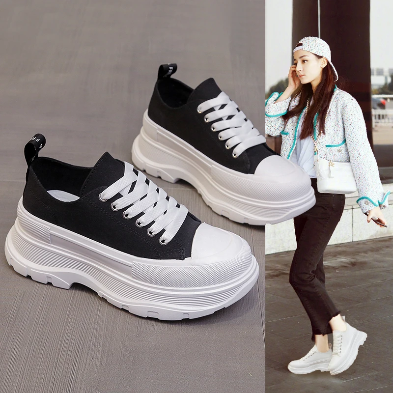 Canvas Shoes Woman Lace-Up Short Platform Boots Ankle Sneakers Girls Street Height Increase Shoes Canvas Breathable Chunky Outdo