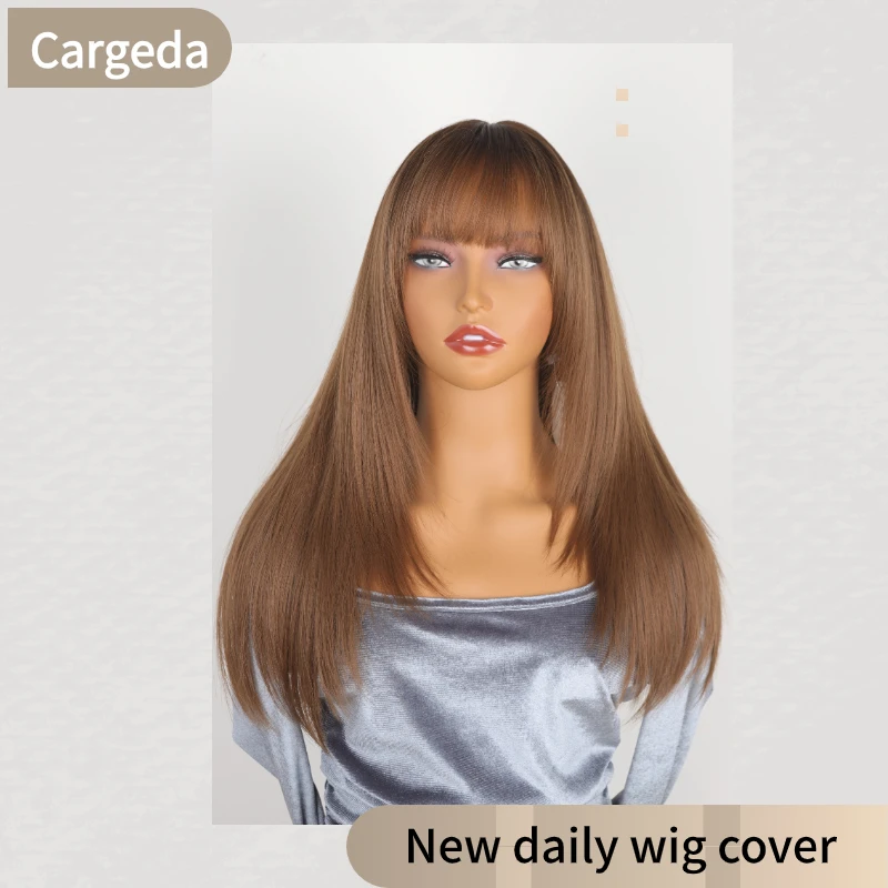 Synthetic Wig For Women Daily Long straight Hair Brown Wig Set With Bangs Fashionable Wig High Temperature Silk Head Cover