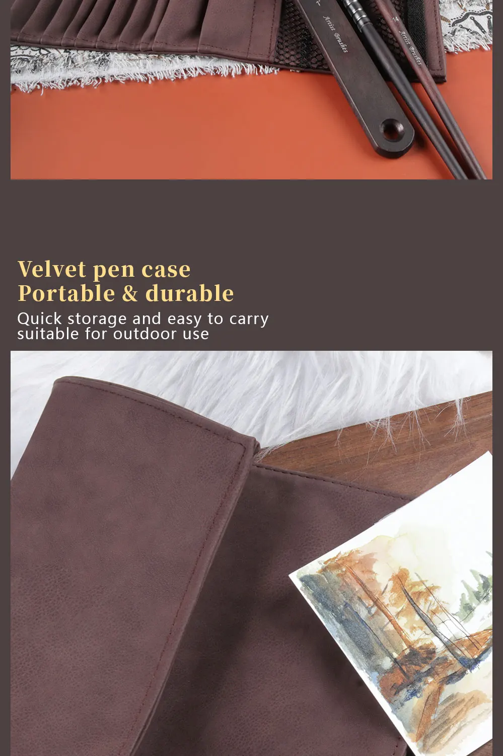 SeamiArt 10 Stück/Set Künstler-Malpinsel mit Nylonhaar und Holzgriff und Leder-Aufbewahrungstasche für Aquarellmalerei, Kunstbedarf – Detail 8