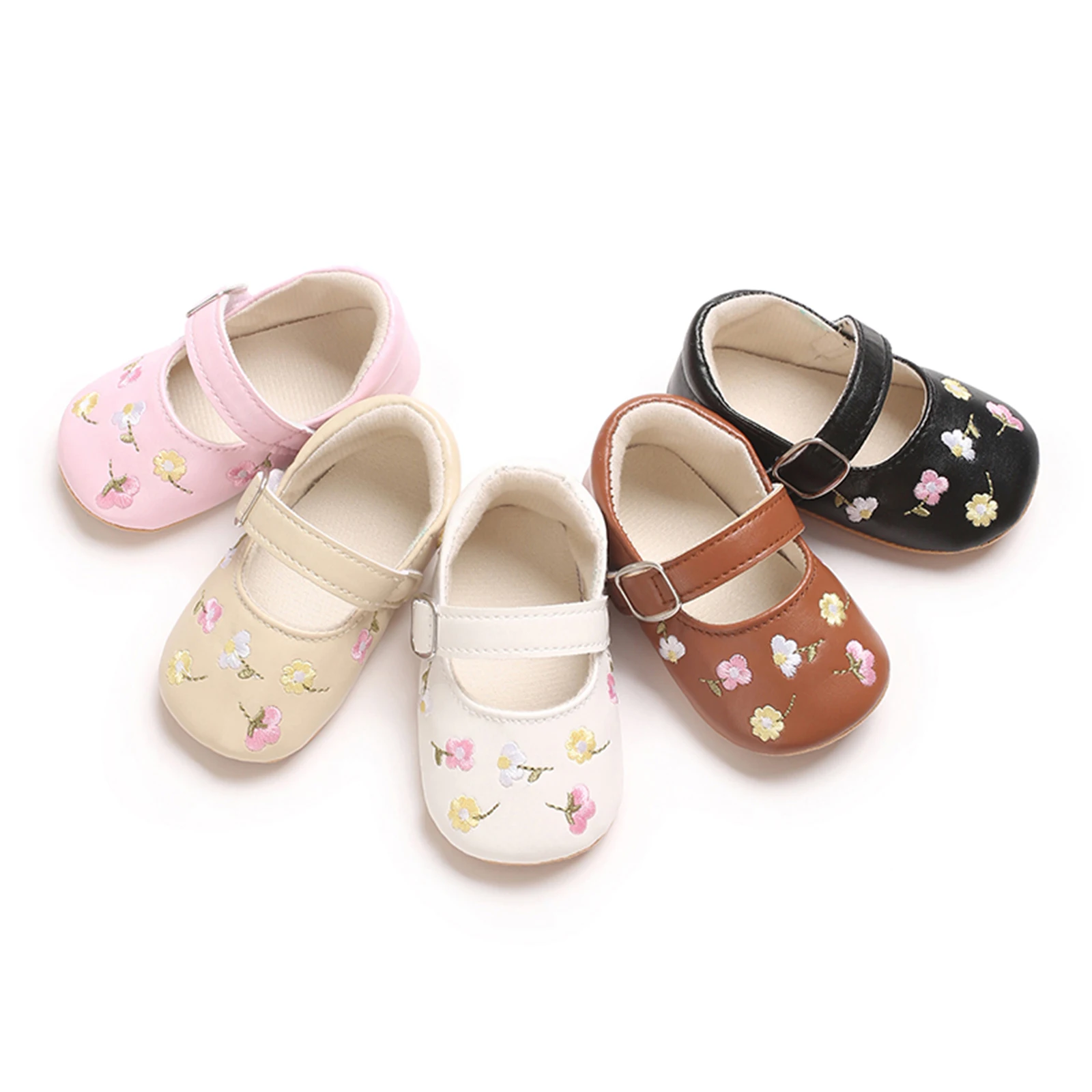 FOCUSNORM 0-18M Lovely Baby Girls Mary Jane Flats Shoes Flower Embroidered Non-Slip Newborn Crib Shoes