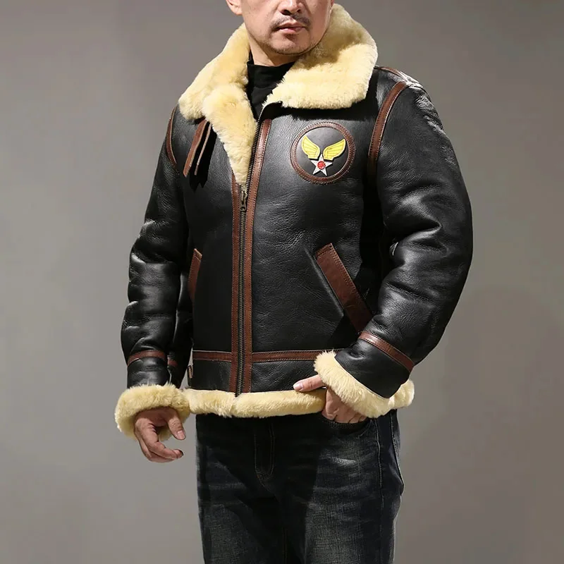 

HA-B3 Asian Size Quality Warm Thick Heavy Genuine Sheep Leather Mens Winter Shearling Fur B3 Jacket