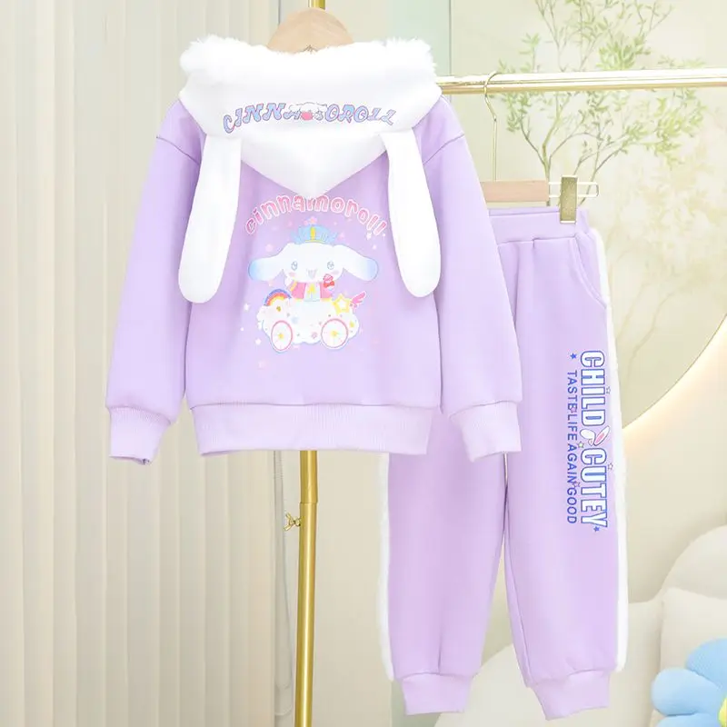 

Sanrio My Melody Cinnamoroll Girls Sweatshirt Pants 2Pcs Anime Hooded Thickened Long Sleeves Autumn Winter Children's Clothing