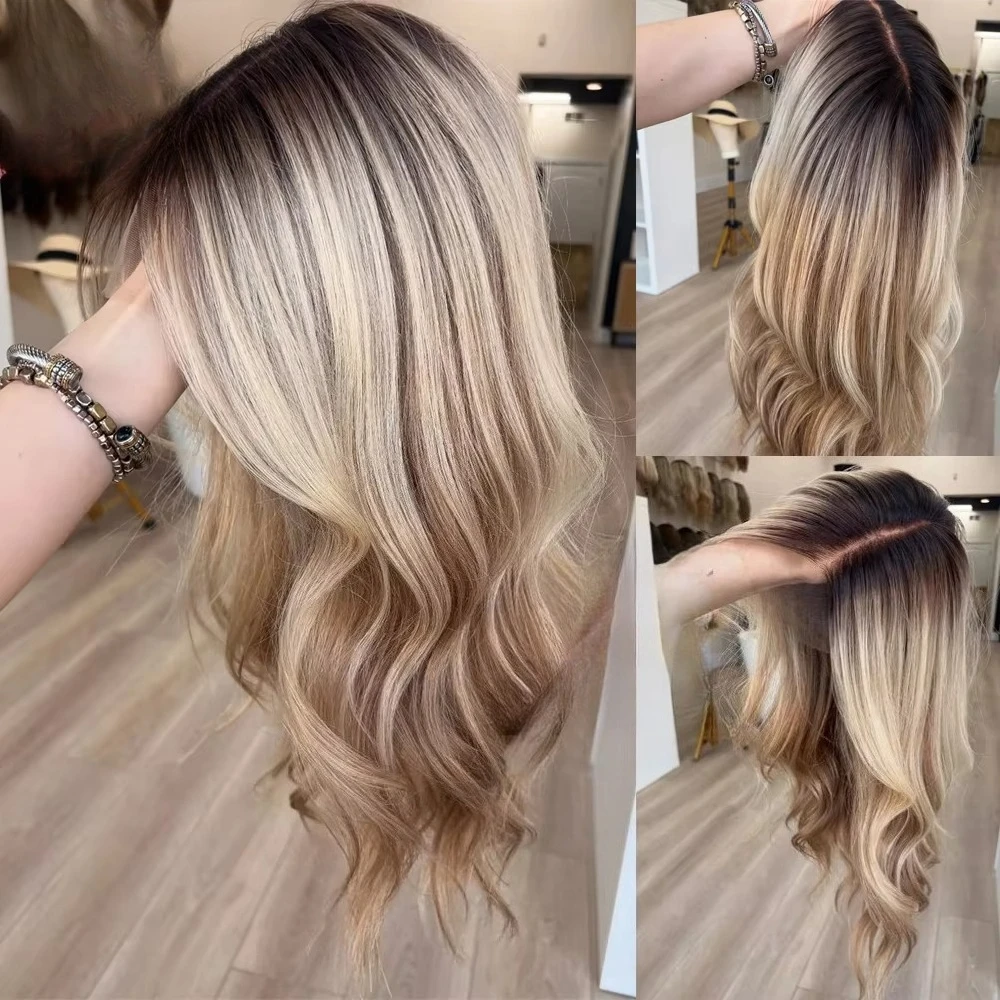 Ash Blonde with Ombre Brown Root Body Wave Lace Front Wig 250 Density Lace Front Wig for Women 13x4 HD Lace Front Wig Human Hair 3