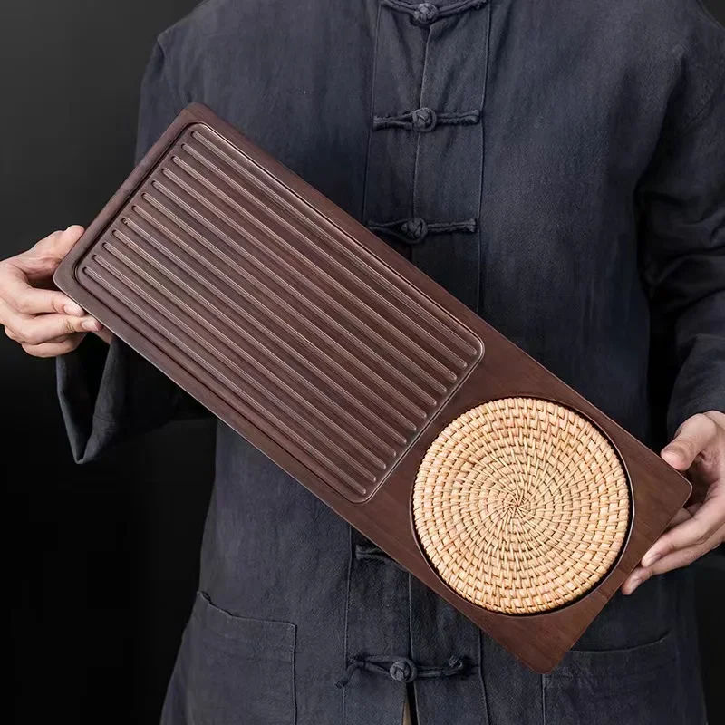 Wooden Serving Tray Tea Tray Solid Bamboo Wood Tea Tray Portable Rattan Mat Rectangle