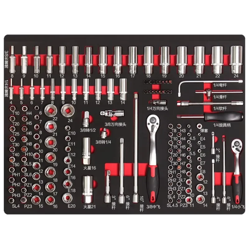 Auto repair lockable seven-drawer red tool cabinet with five hand tool sets for garage storage 4