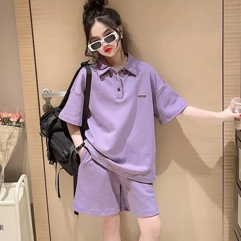

2Pcs Girls Clothes Set Summer New Children's Short Sleeve Polo Tops and Shorts Outfits Casual Loose Kids Clothing Tracksuit