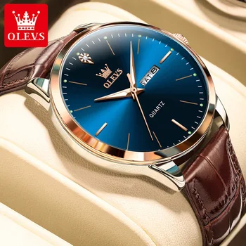 OLEVS Men's Watch Brand Business Waterproof Luminous Week Date Quartz Watch Fashion Leather Strap Classic Luxury Men's Watch 9
