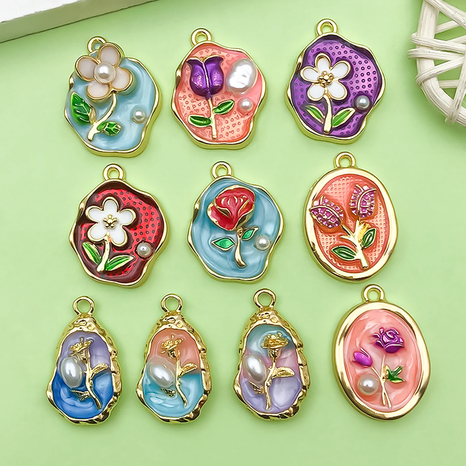 10 قطعة المينا الملونة النفط اللوحة سحر سبائك الزهور المعلقات ل أساور يدوية القلائد أقراط صنع المجوهرات اكسسوارات