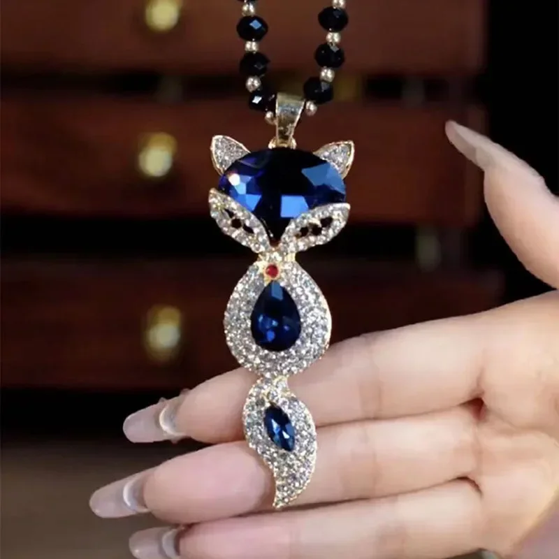 Luxury Big Crystal Rhinestone Fox Pendant Necklace for Women