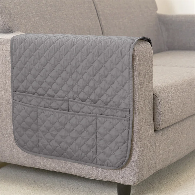 Premium Water-Repellent Plaid Sofa Armrest Cover with Storage Pocket