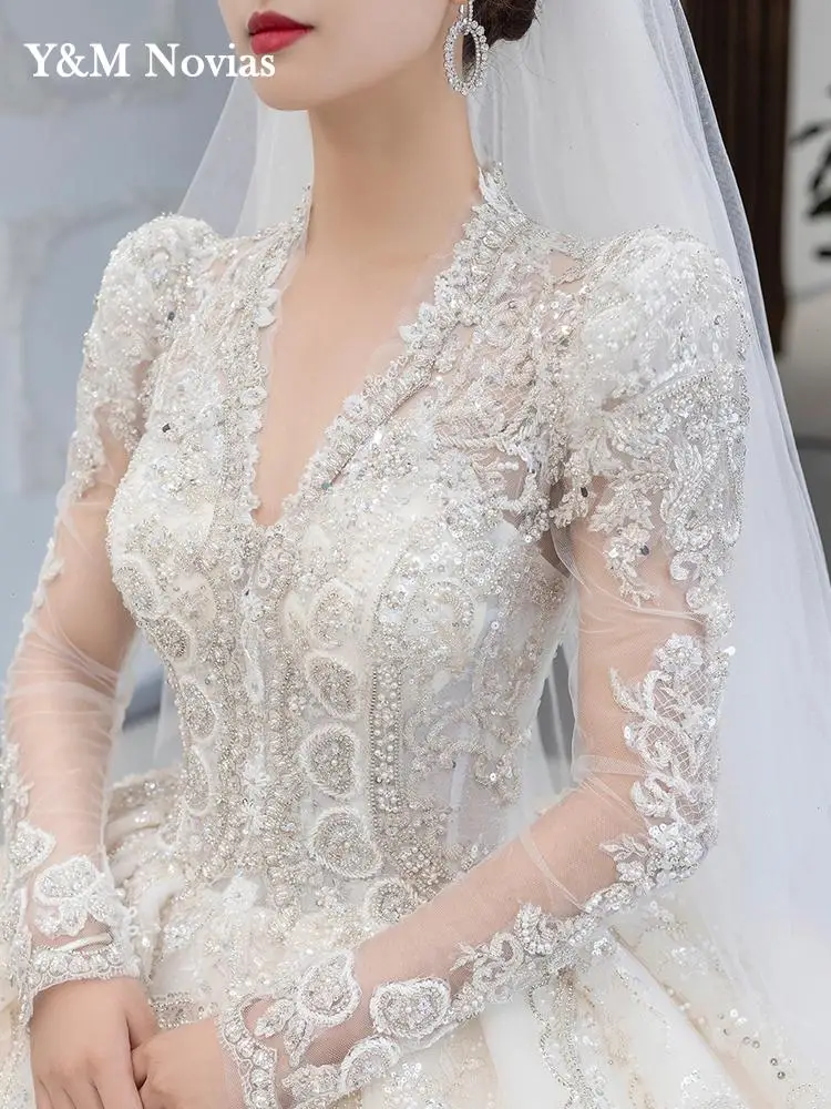 Customized Luxury Bedad Long Sleeve Winter Wedding Dress 2025 New V Neck Vestido De Noiva For Bride Gown Plus Size Floor Length 4