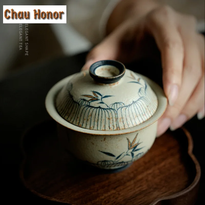 Blue And White Flint Red Teapot Aesthetic Gold Drawing Bamboo Tea Infuser Pot Gaiwan Tea Making Kettle With Filter Tea Ceremony