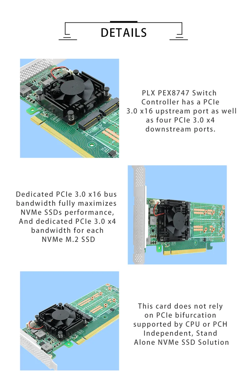 Description Picture 4 of itemLinkreal PCIe 3.0 X16 to Quad M.2 NVMe SSD Swtich Adapter Card for Servers-LRNV9547L-4I