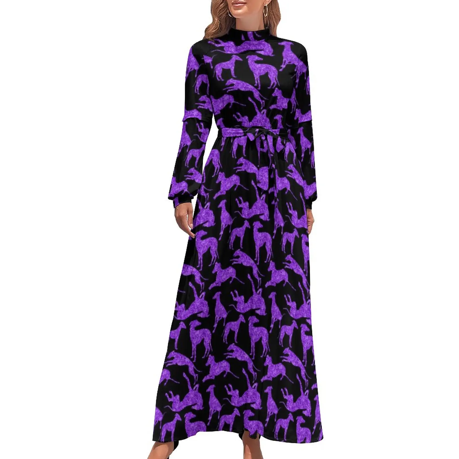 

Purple Animal Silhouette Dress Greyhounds Print Sexy Maxi Dress Aesthetic Beach Long Dresses High Waist Custom Clothing