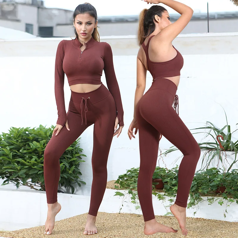

Seamless Women Yoga Set Workout Sportswear Gym Clothing Zipper Long Sleeve High Waist Leggings Fitness Bra Athletic Sports Suits