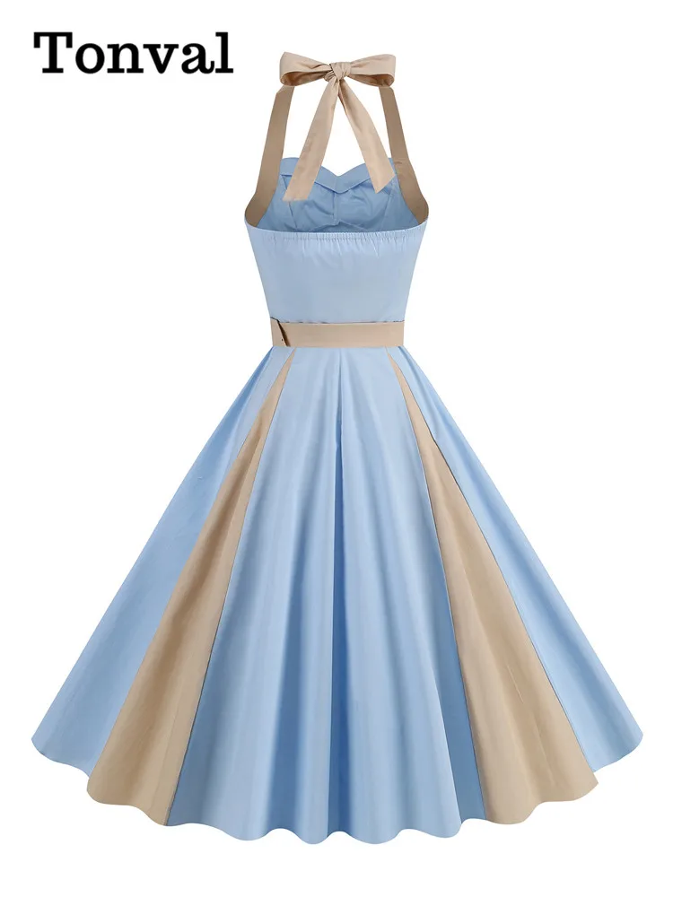 Tonval Brown and Beige Patchwork Vintage Cotton Dresses for Women Sweetheart Neck High Waist Backless Party Dresses 6