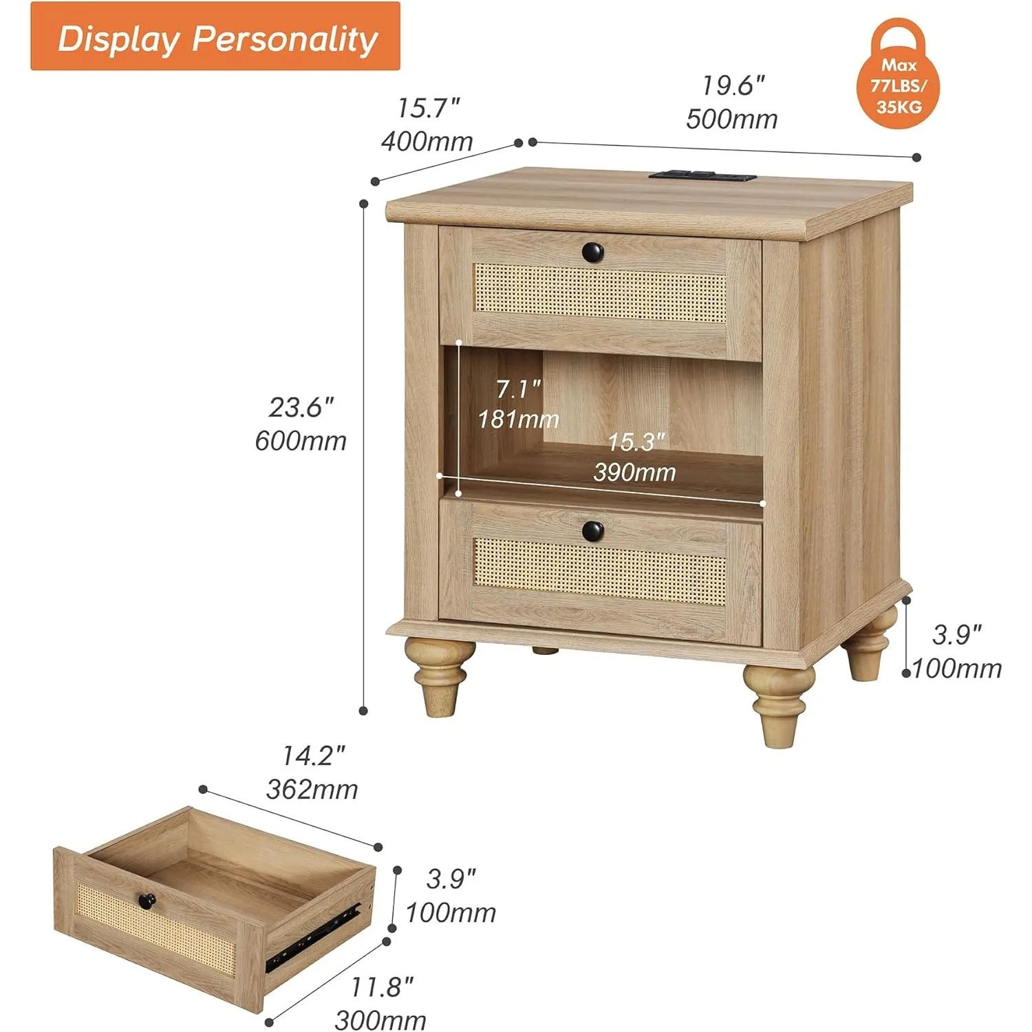 White side table with 2 drawers and charging station, medieval bedroom nightstand with power outlet and USB port
