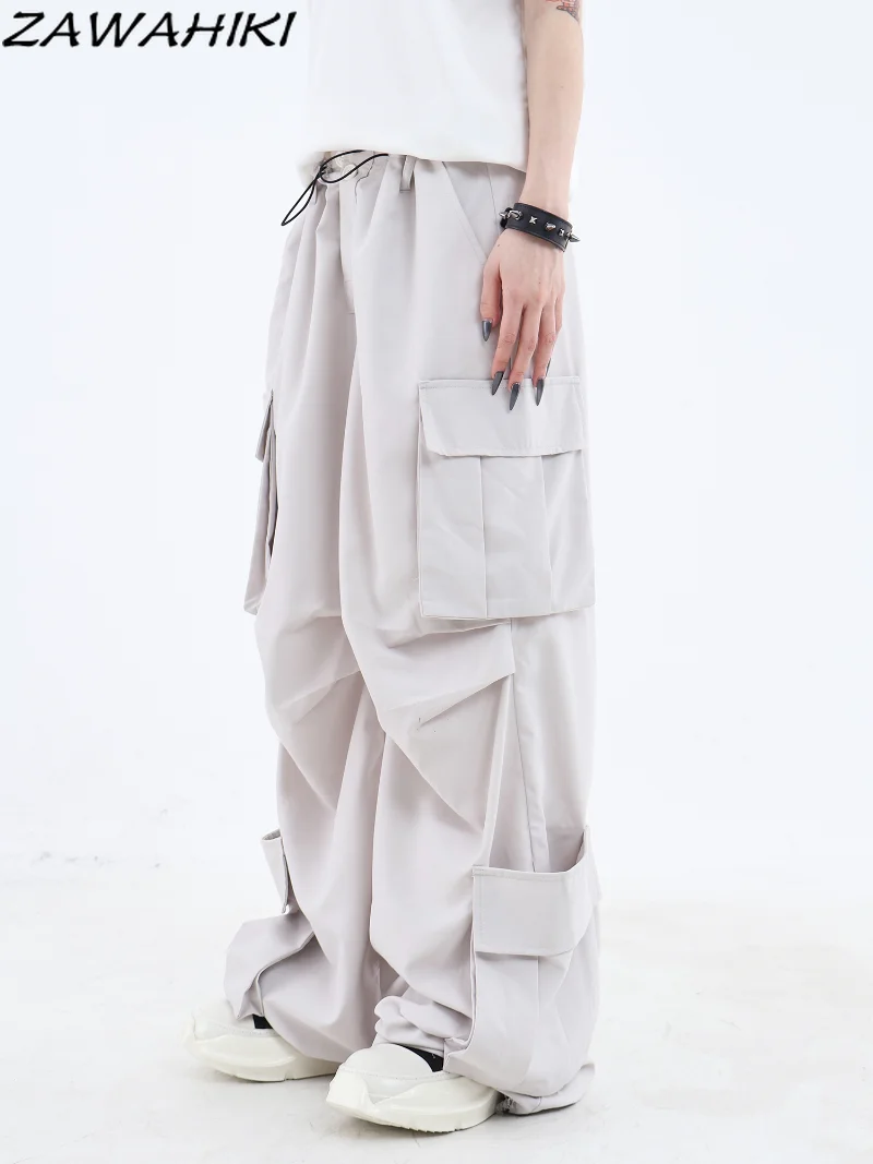 

American Retro Multiple Pockets Low Waist Wide Led Trousers Casual Y2K All Match Solid Color Loose Summer Versatile Cargo Pants