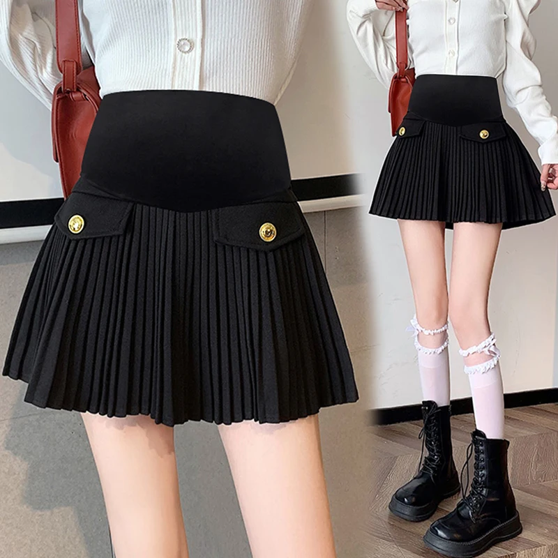 Pleated Woolen Skirts Maternity A Line Min Elastic Waist Belly Pregnant Women Autumn Winter
